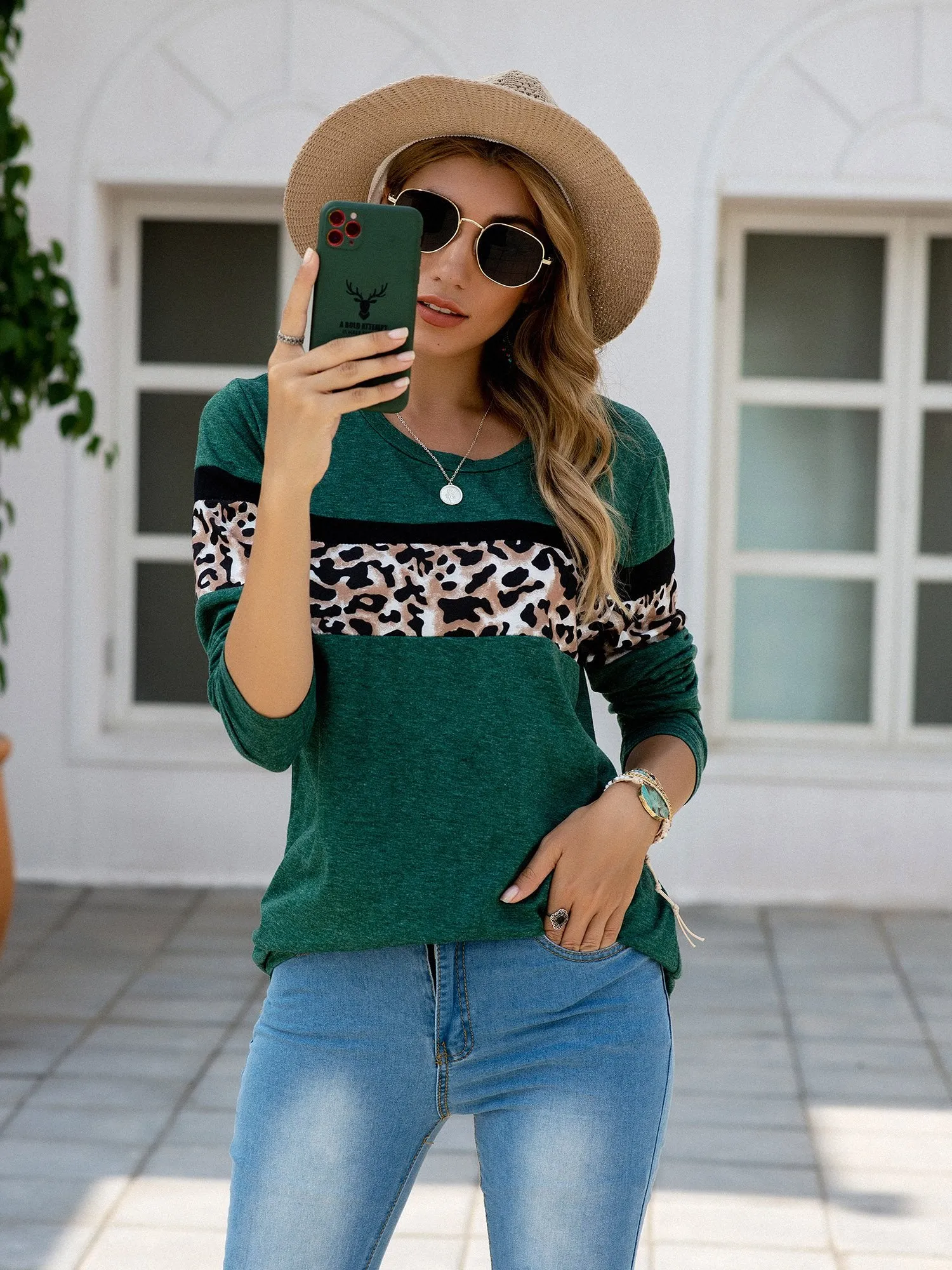 Women's Leopard Print Patchwork Long Sleeve T Shirt