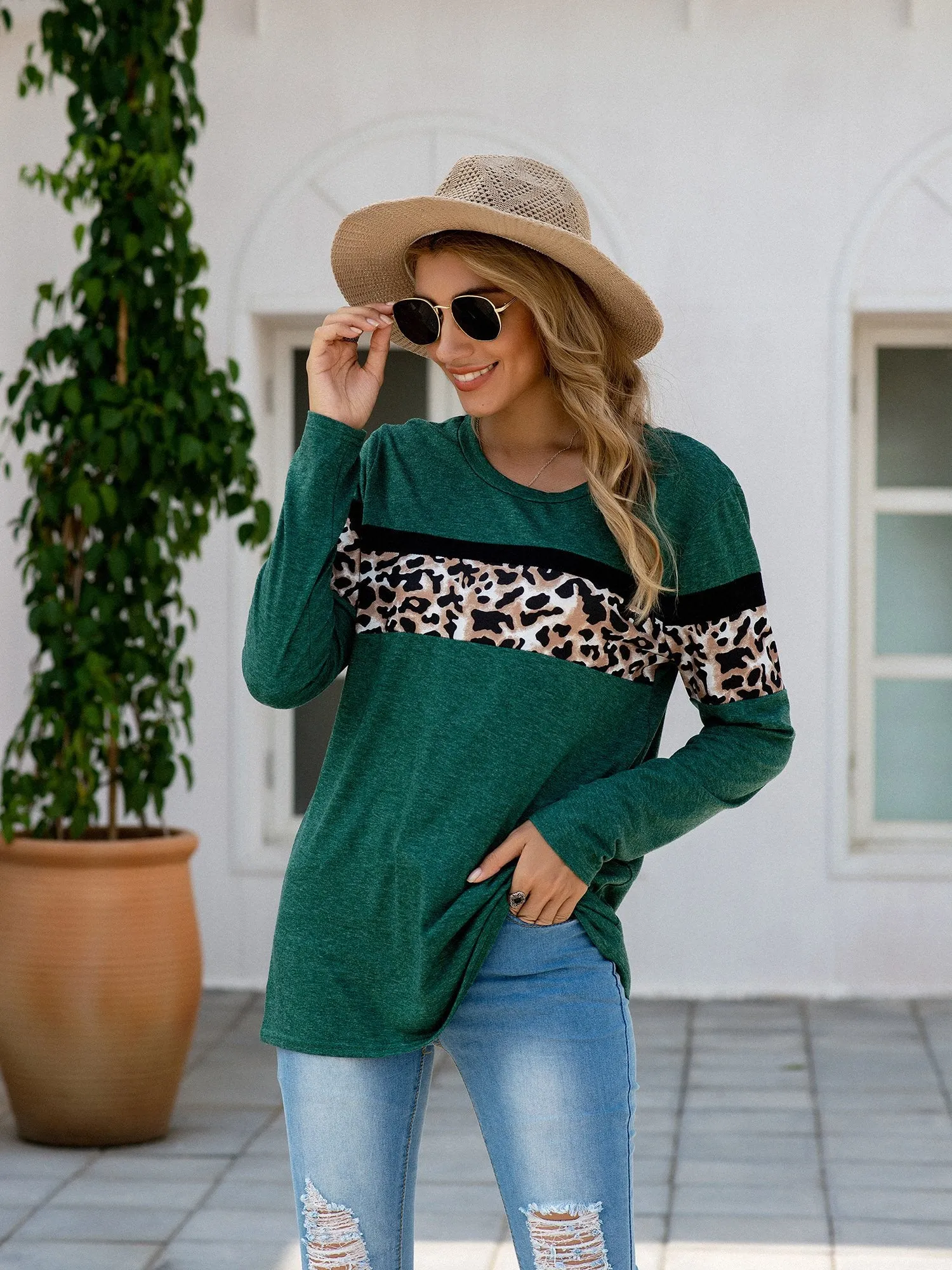 Women's Leopard Print Patchwork Long Sleeve T Shirt