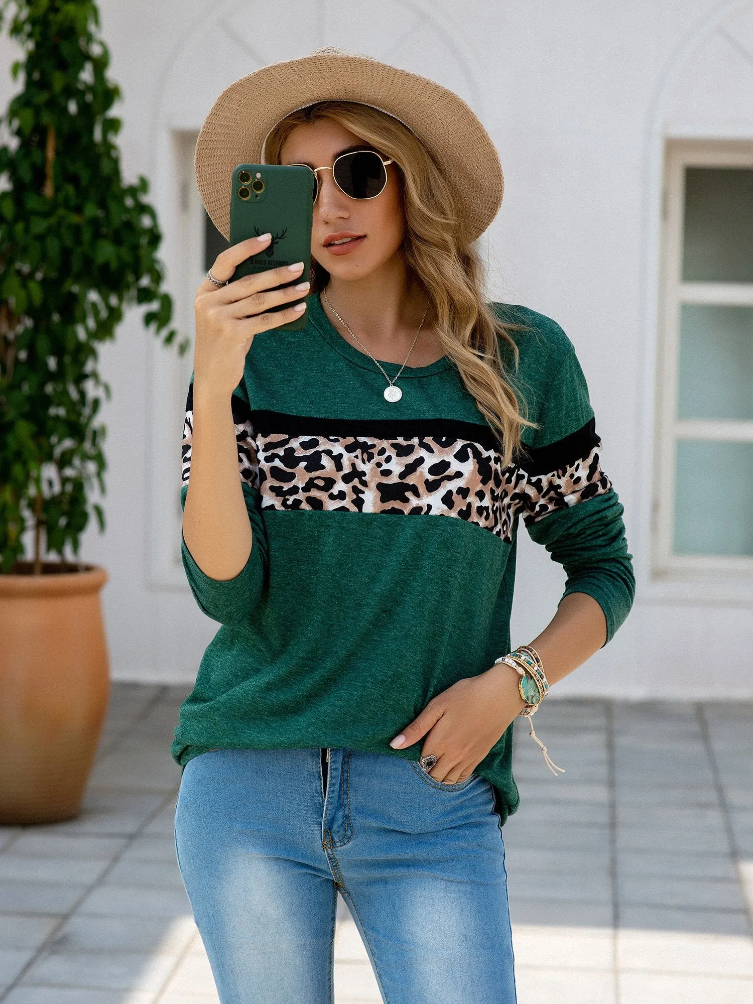 Women's Leopard Print Patchwork Long Sleeve T Shirt