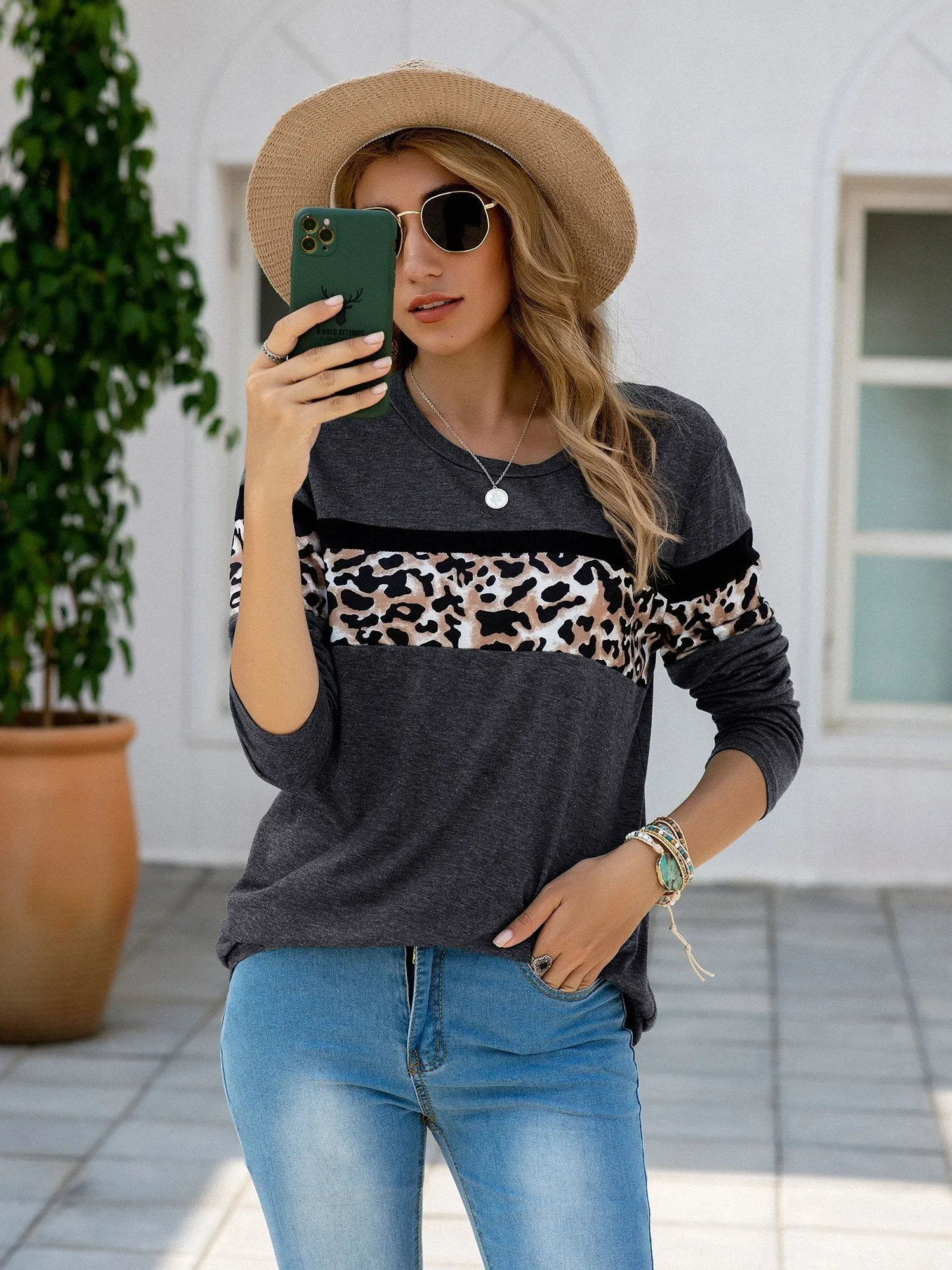 Women's Leopard Print Patchwork Long Sleeve T Shirt