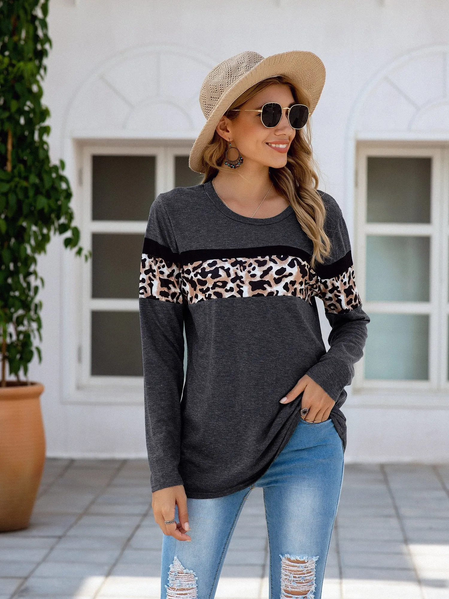 Women's Leopard Print Patchwork Long Sleeve T Shirt