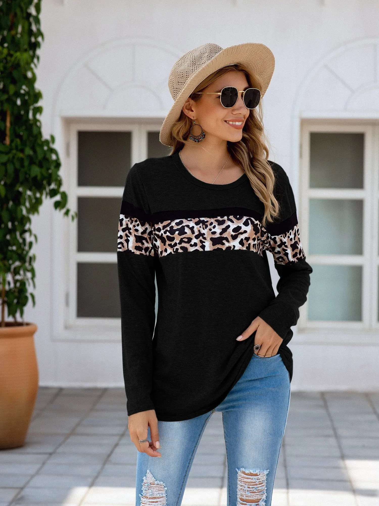 Women's Leopard Print Patchwork Long Sleeve T Shirt