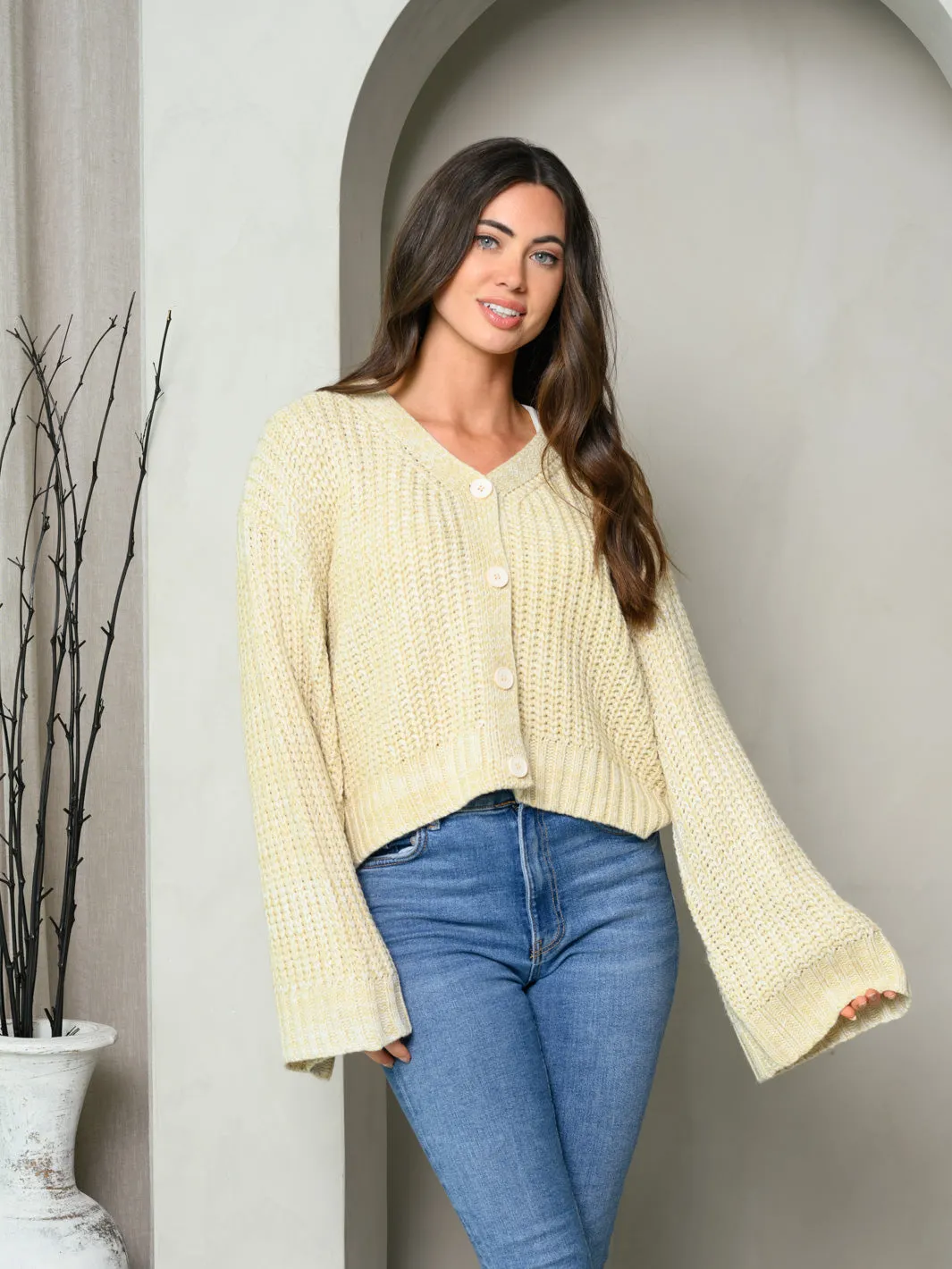 WOMEN'S LONG BELL SLEEVE BUTTON UP SWEATER