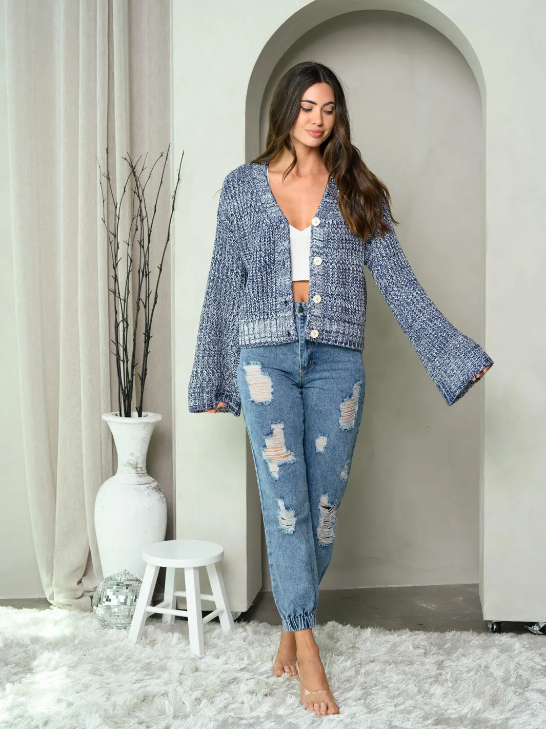WOMEN'S LONG BELL SLEEVE BUTTON UP SWEATER