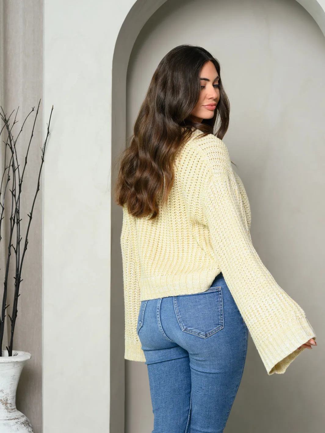 WOMEN'S LONG BELL SLEEVE BUTTON UP SWEATER