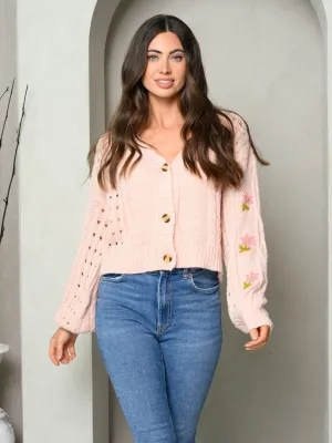 WOMEN'S LONG FLORAL PUFF SLEEVE KNIT BUTTON UP SWEATER