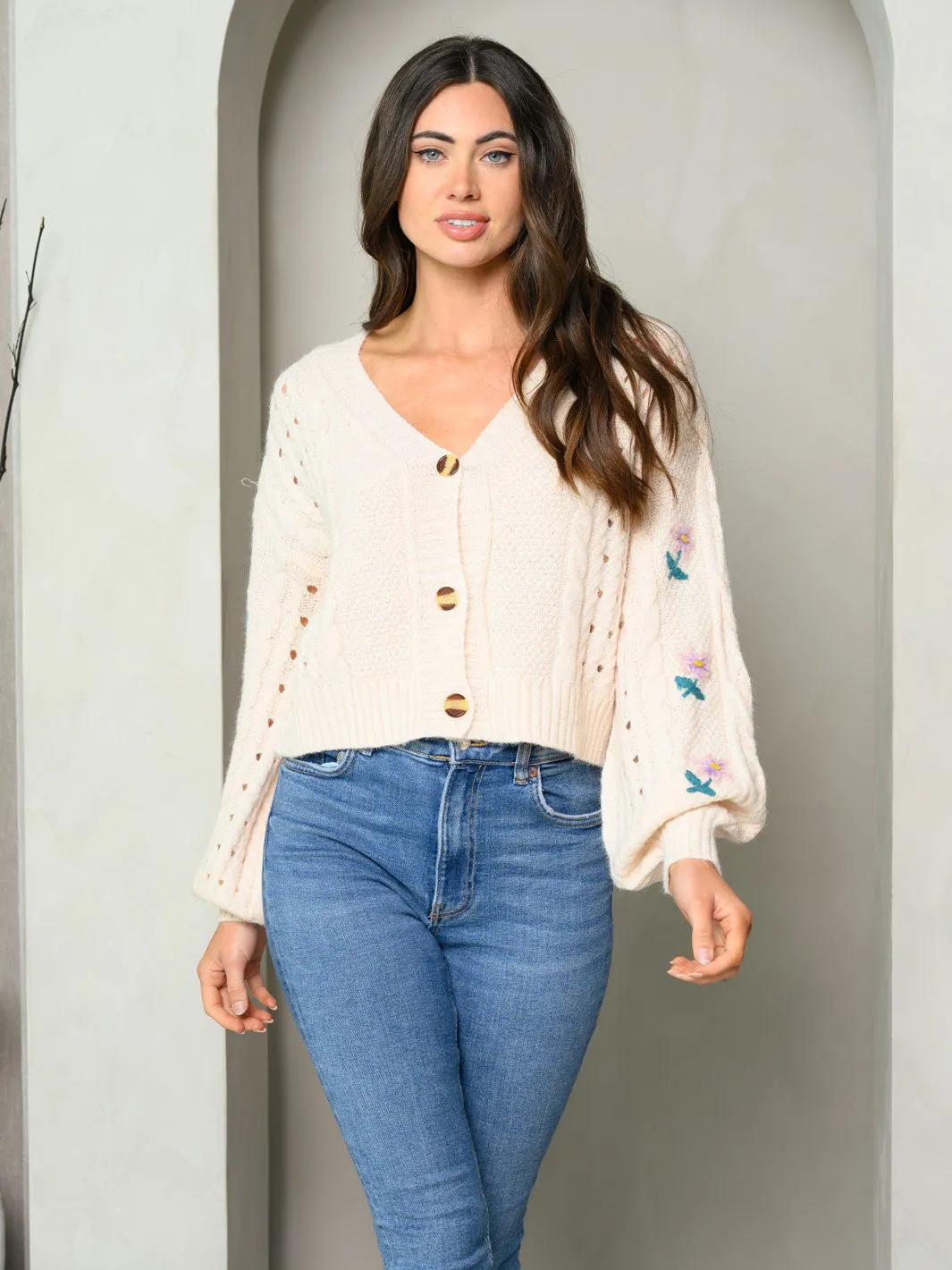 WOMEN'S LONG FLORAL PUFF SLEEVE KNIT BUTTON UP SWEATER