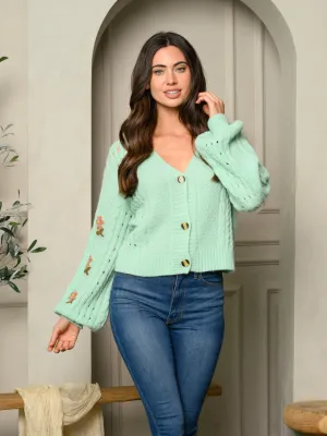 WOMEN'S LONG FLORAL PUFF SLEEVE KNIT BUTTON UP SWEATER