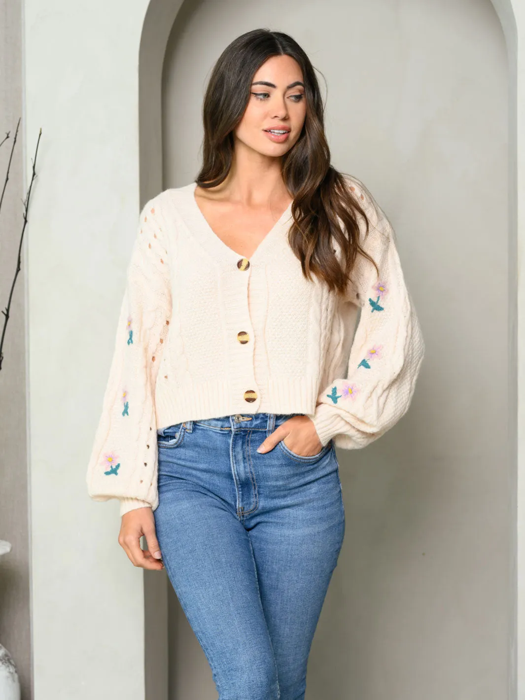 WOMEN'S LONG FLORAL PUFF SLEEVE KNIT BUTTON UP SWEATER