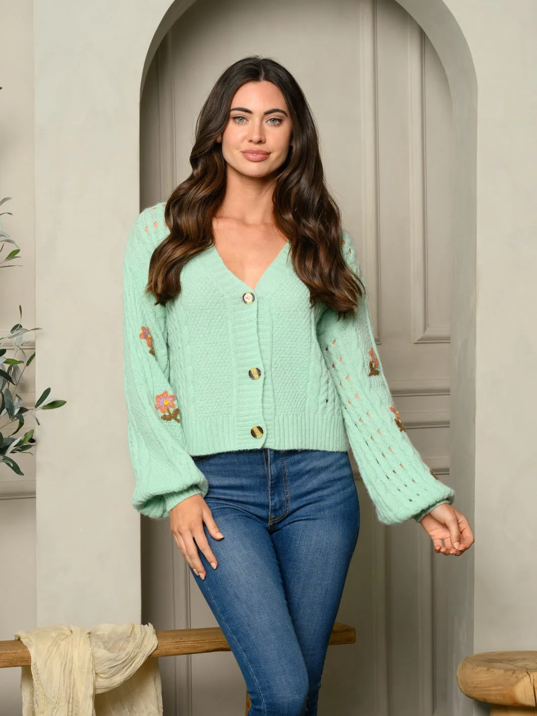 WOMEN'S LONG FLORAL PUFF SLEEVE KNIT BUTTON UP SWEATER