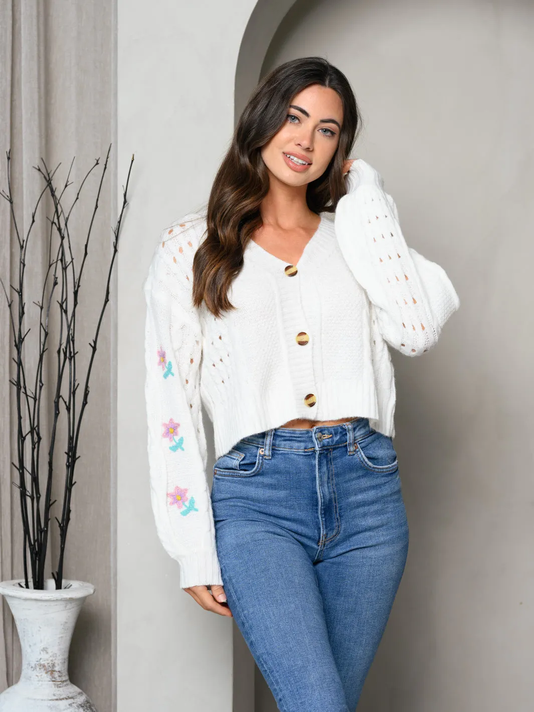 WOMEN'S LONG FLORAL PUFF SLEEVE KNIT BUTTON UP SWEATER