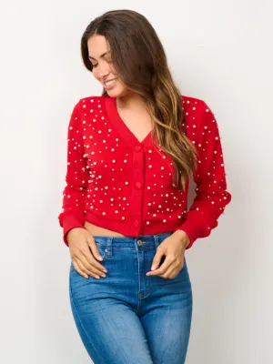 WOMEN'S LONG SLEEVE BUTTON CLOSURE  PEARL DETAILED SWEATER