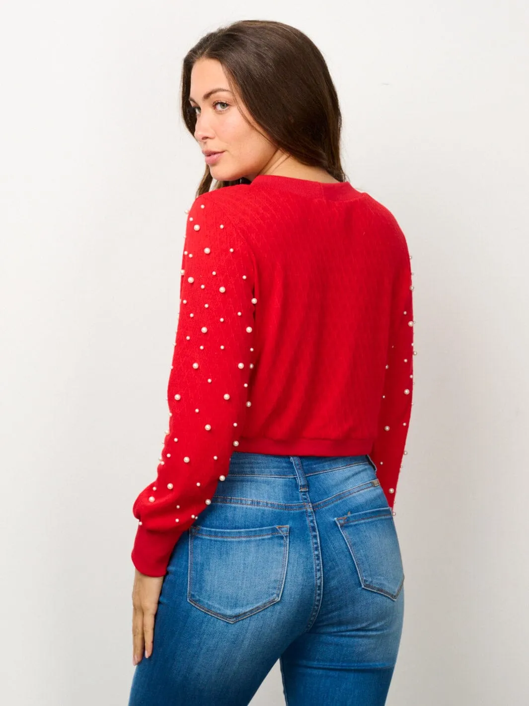WOMEN'S LONG SLEEVE BUTTON CLOSURE  PEARL DETAILED SWEATER