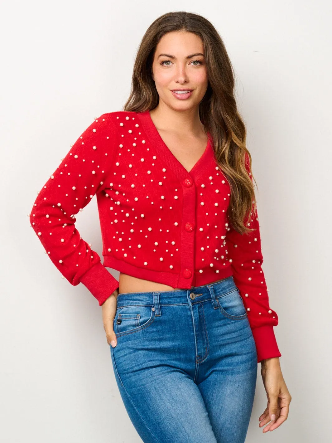 WOMEN'S LONG SLEEVE BUTTON CLOSURE  PEARL DETAILED SWEATER