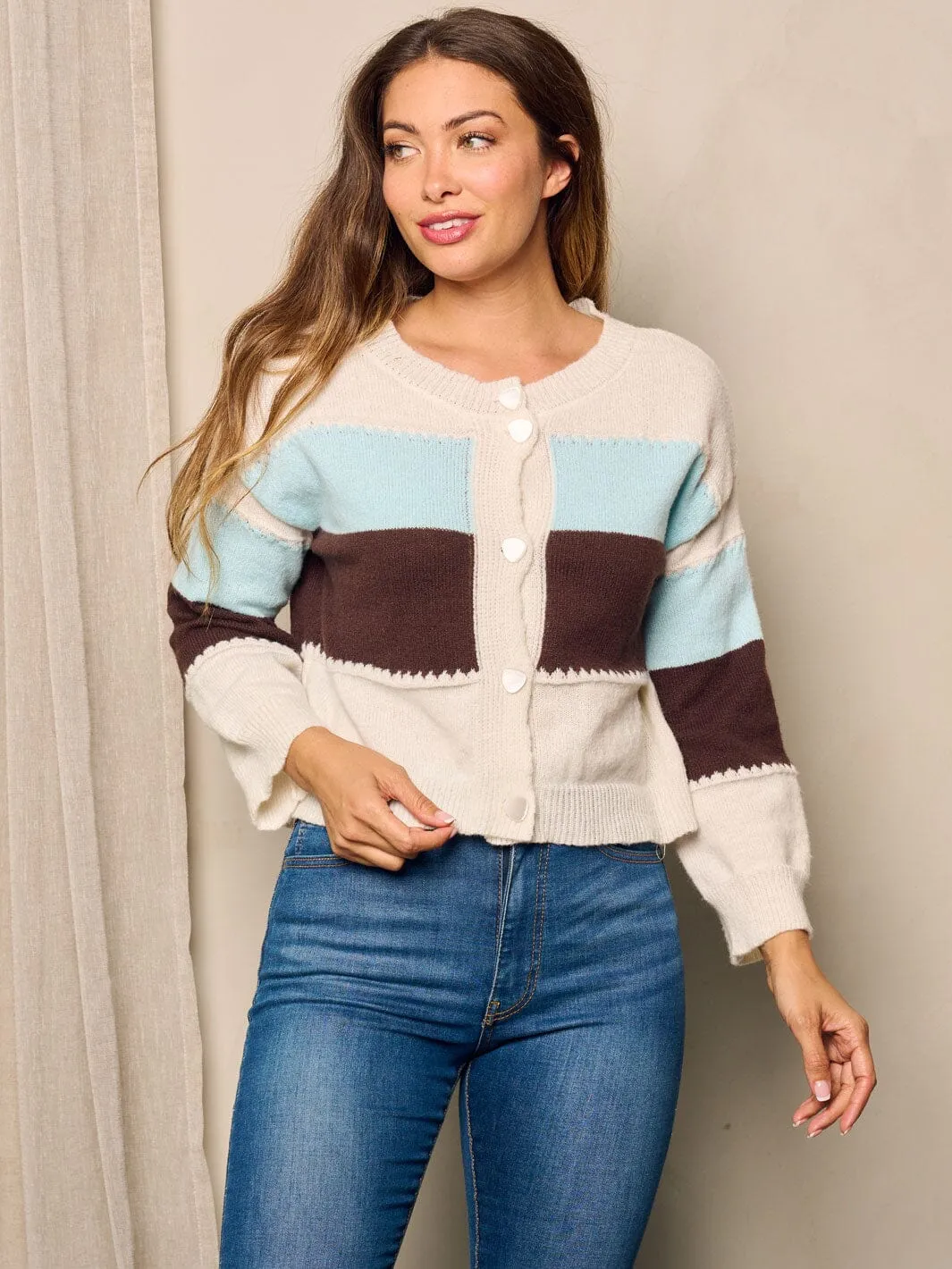 WOMEN'S LONG SLEEVE BUTTON UP COLORBLOCK SWEATER