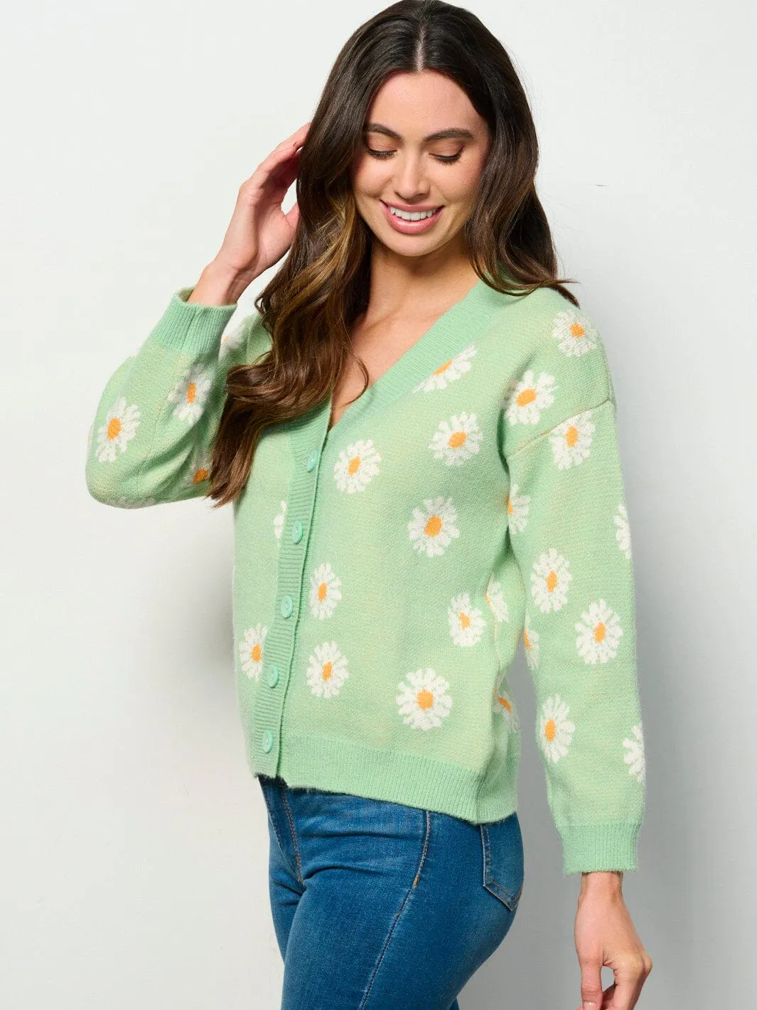 WOMEN'S LONG SLEEVE BUTTON UP FLORAL CARDIGAN SWEATER