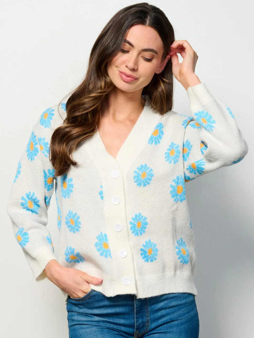 WOMEN'S LONG SLEEVE BUTTON UP FLORAL CARDIGAN SWEATER
