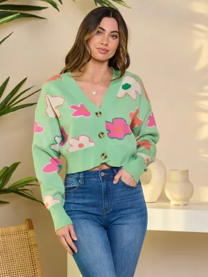 WOMEN'S LONG SLEEVE BUTTON UP FLORAL SWEATER
