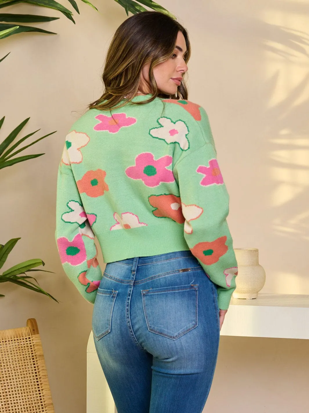 WOMEN'S LONG SLEEVE BUTTON UP FLORAL SWEATER