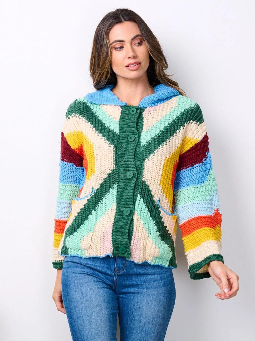 WOMEN'S LONG SLEEVE BUTTON UP FRONT POCKETS KNITTED MULTI SWEATER