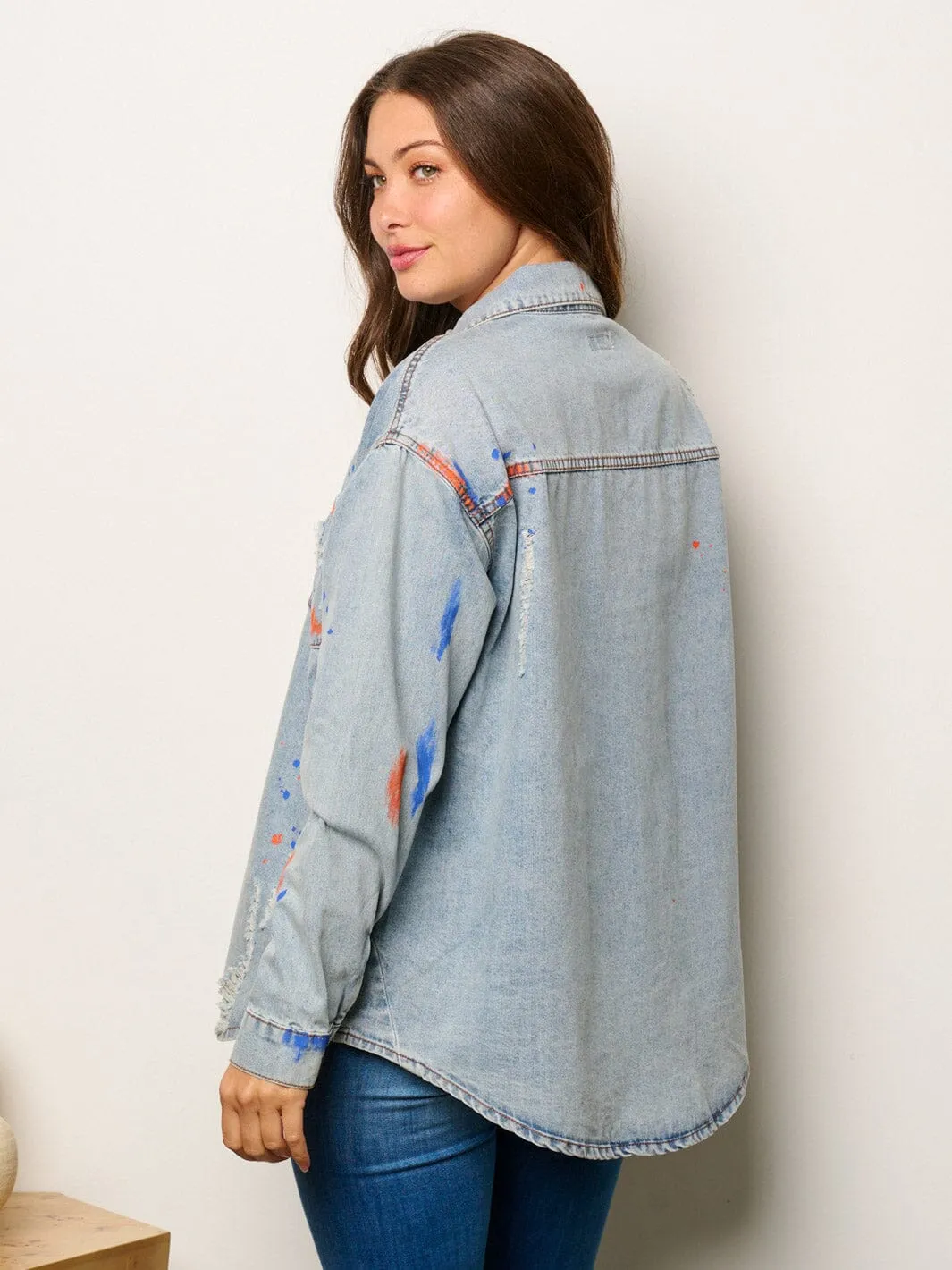 WOMEN'S LONG SLEEVE BUTTON UP PAINT SPLATTER DENIM TOP