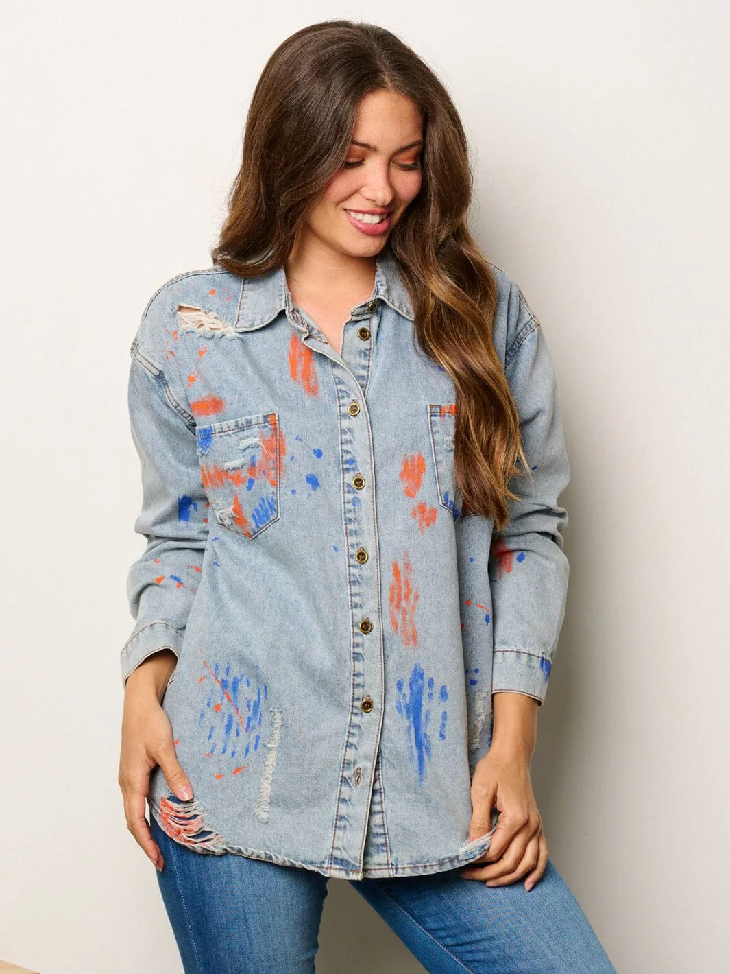WOMEN'S LONG SLEEVE BUTTON UP PAINT SPLATTER DENIM TOP