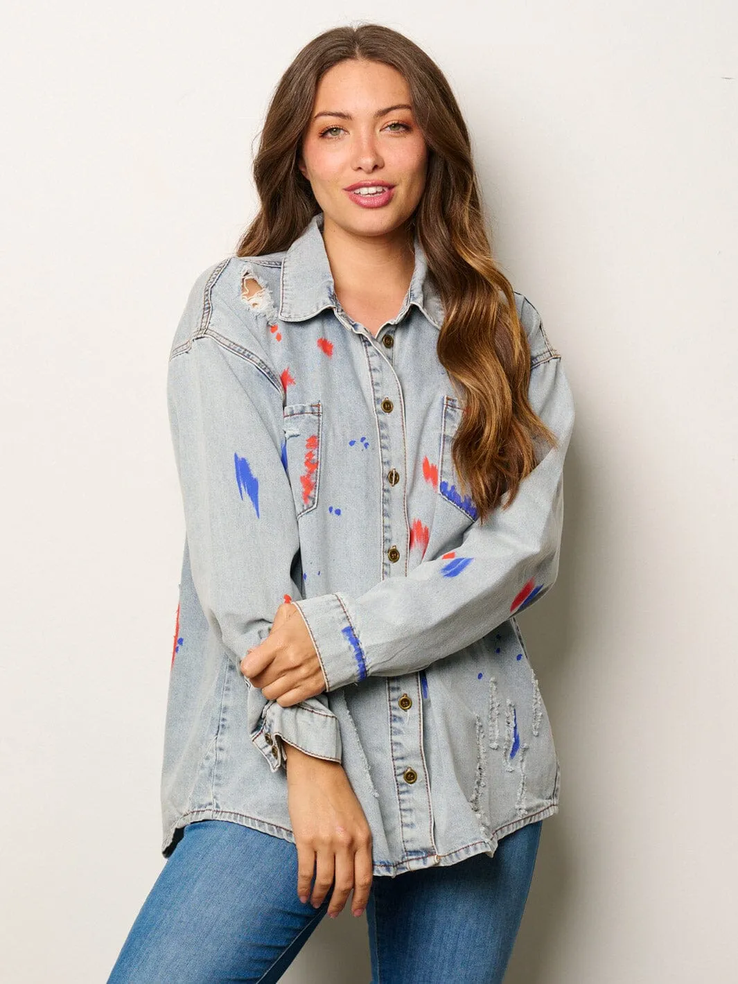 WOMEN'S LONG SLEEVE BUTTON UP PAINT SPLATTER DENIM TOP