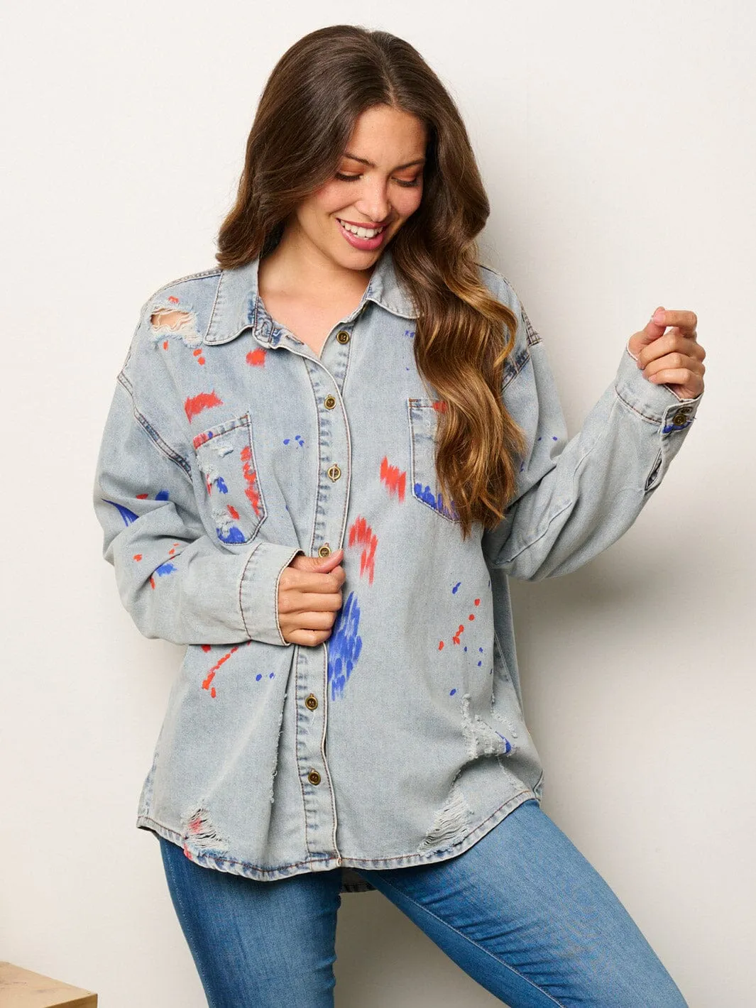 WOMEN'S LONG SLEEVE BUTTON UP PAINT SPLATTER DENIM TOP