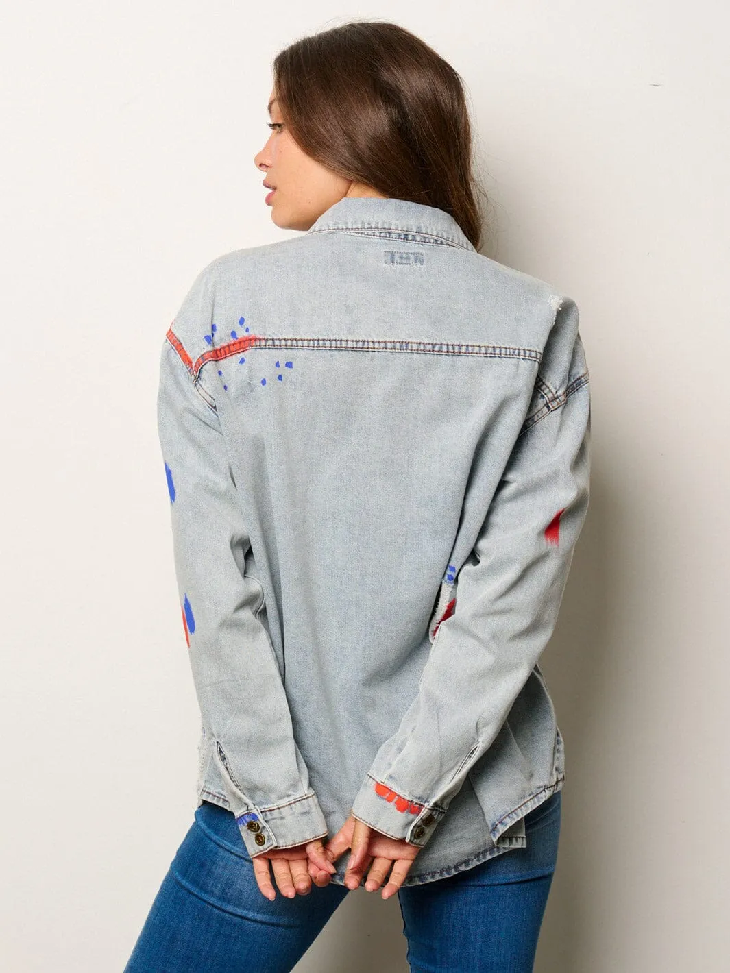 WOMEN'S LONG SLEEVE BUTTON UP PAINT SPLATTER DENIM TOP