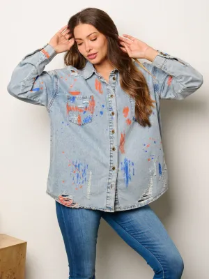 WOMEN'S LONG SLEEVE BUTTON UP PAINT SPLATTER DENIM TOP