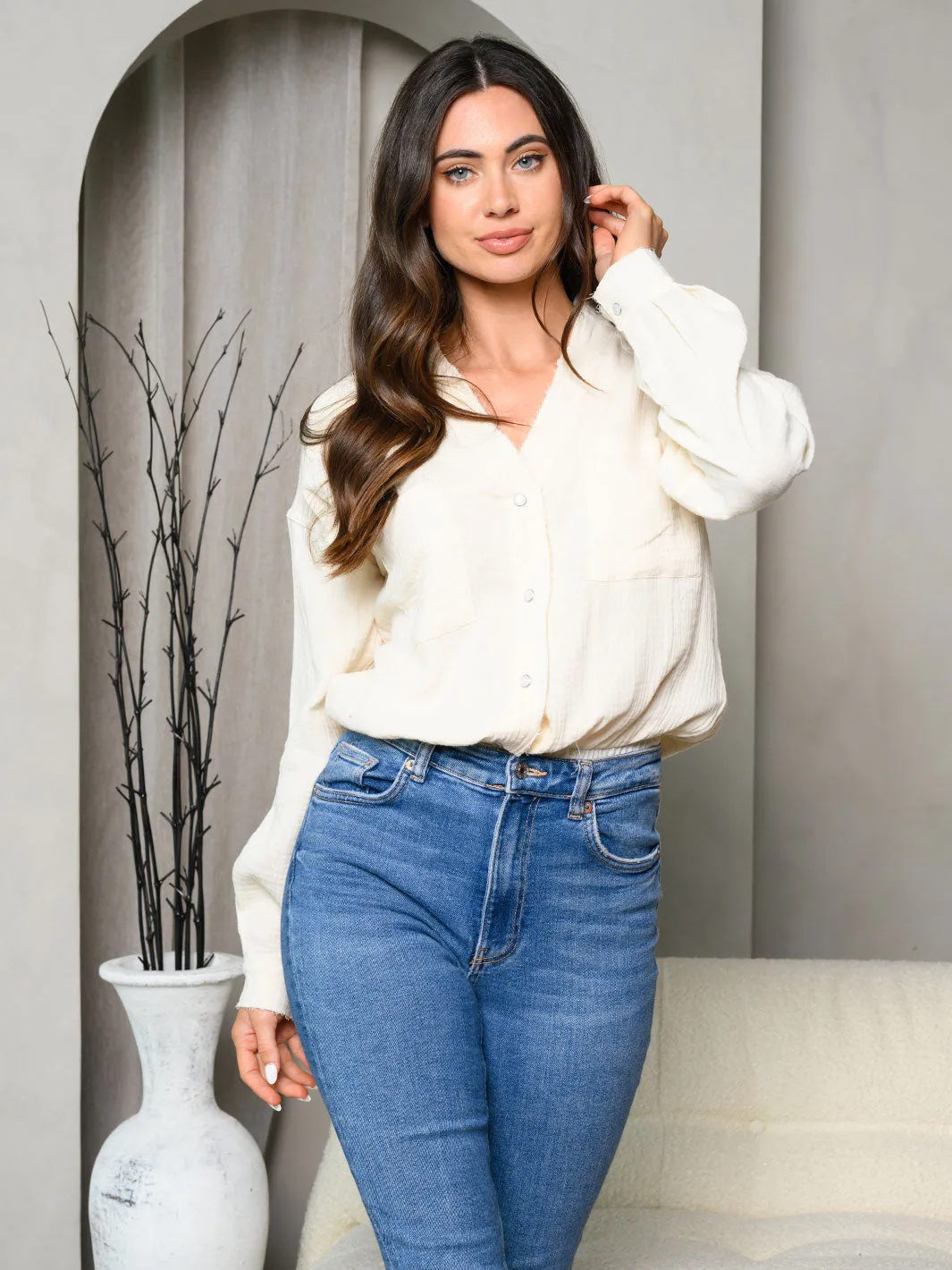 WOMEN'S LONG SLEEVE BUTTON UP SOLID BODYSUIT