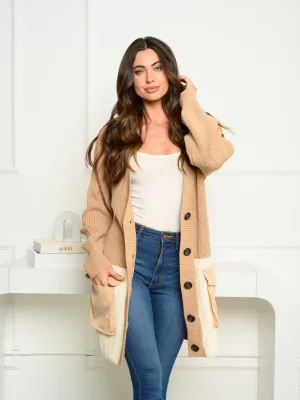 WOMEN'S LONG SLEEVE COLORBLOCK BUTTON UP FRONT POCKETS CARDIGAN