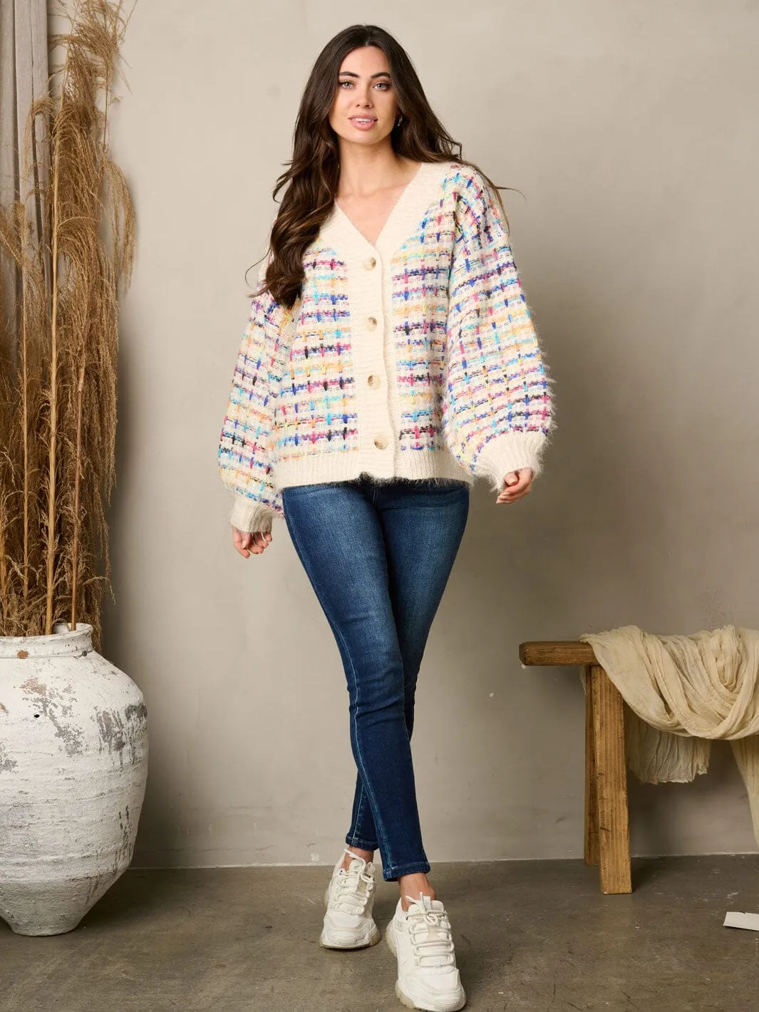WOMEN'S LONG SLEEVE MULTI COLOR BUTTON UP SWEATER