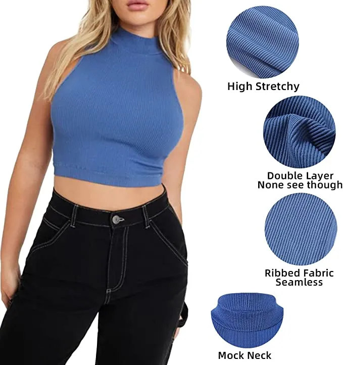 Women's Mock Neck Sleeveless Tank Basic Rib-Knit Crop Workout Casual Tank Tops