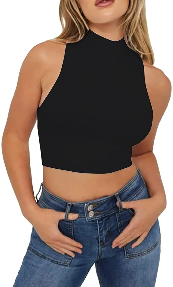 Women's Mock Neck Sleeveless Tank Basic Rib-Knit Crop Workout Casual Tank Tops