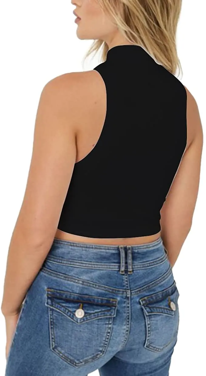 Women's Mock Neck Sleeveless Tank Basic Rib-Knit Crop Workout Casual Tank Tops