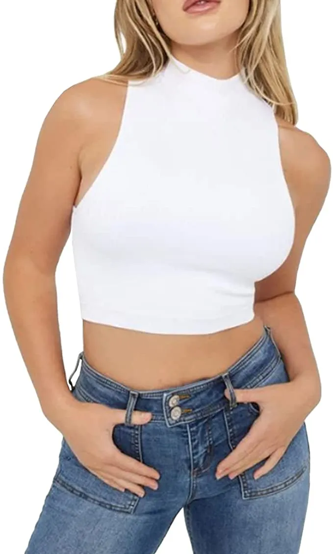 Women's Mock Neck Sleeveless Tank Basic Rib-Knit Crop Workout Casual Tank Tops