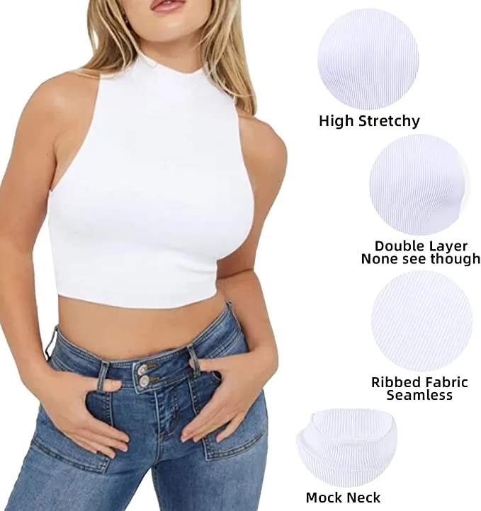 Women's Mock Neck Sleeveless Tank Basic Rib-Knit Crop Workout Casual Tank Tops