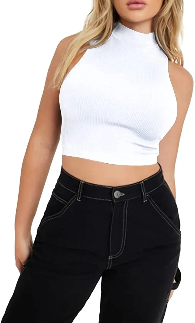 Women's Mock Neck Sleeveless Tank Basic Rib-Knit Crop Workout Casual Tank Tops