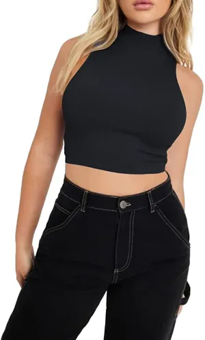 Women's Mock Neck Sleeveless Tank Basic Rib-Knit Crop Workout Casual Tank Tops