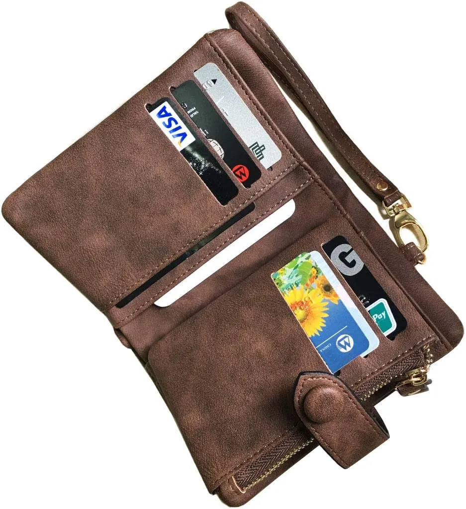 Women's Rfid blocking Bifold Leather wallet, Small Coin Purse with Wristlet