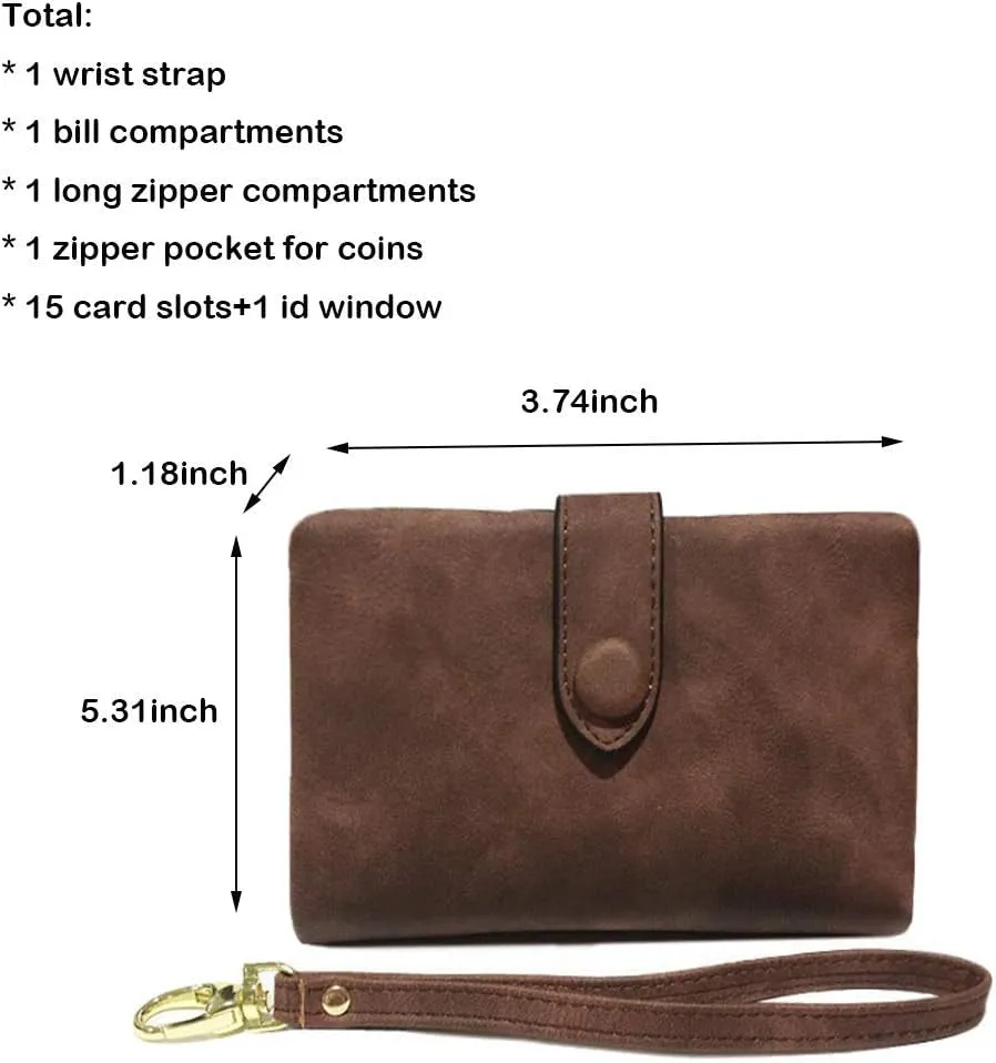 Women's Rfid blocking Bifold Leather wallet, Small Coin Purse with Wristlet