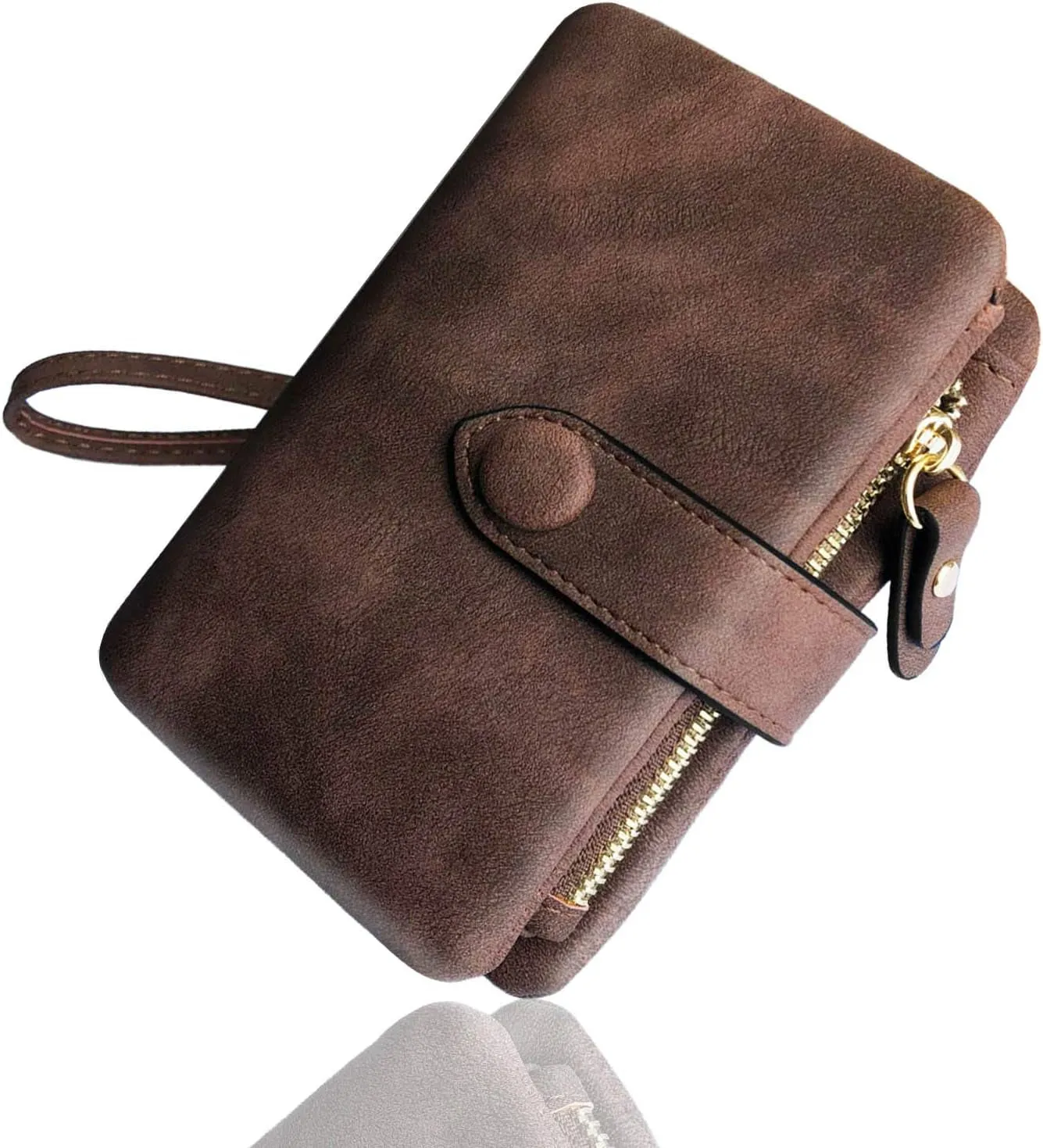 Women's Rfid blocking Bifold Leather wallet, Small Coin Purse with Wristlet