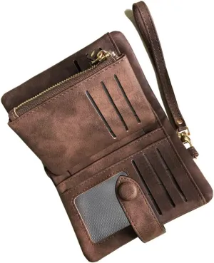 Women's Rfid blocking Bifold Leather wallet, Small Coin Purse with Wristlet
