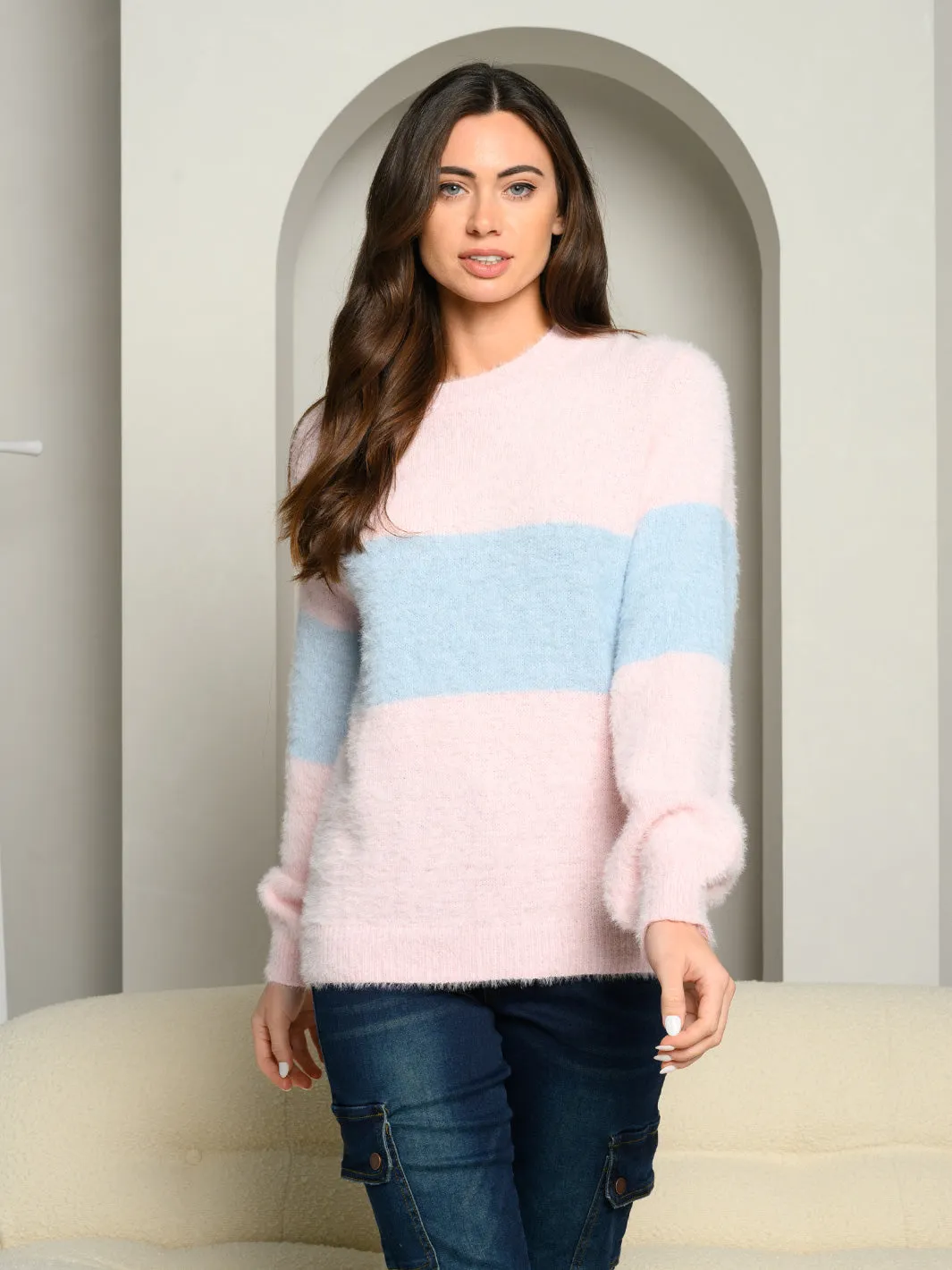 WOMEN'S SOFT FUZZY COLOR BLOCK SWEATER