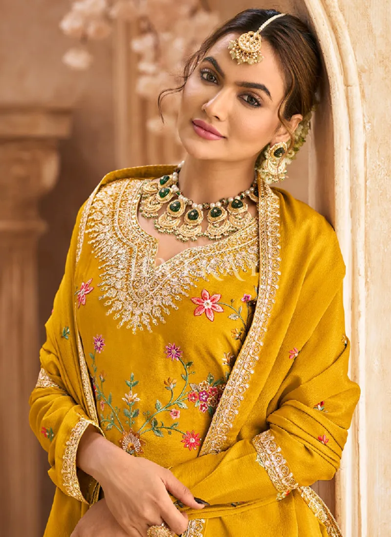 Yellow Multi Embroidery Palazzo Style Suit