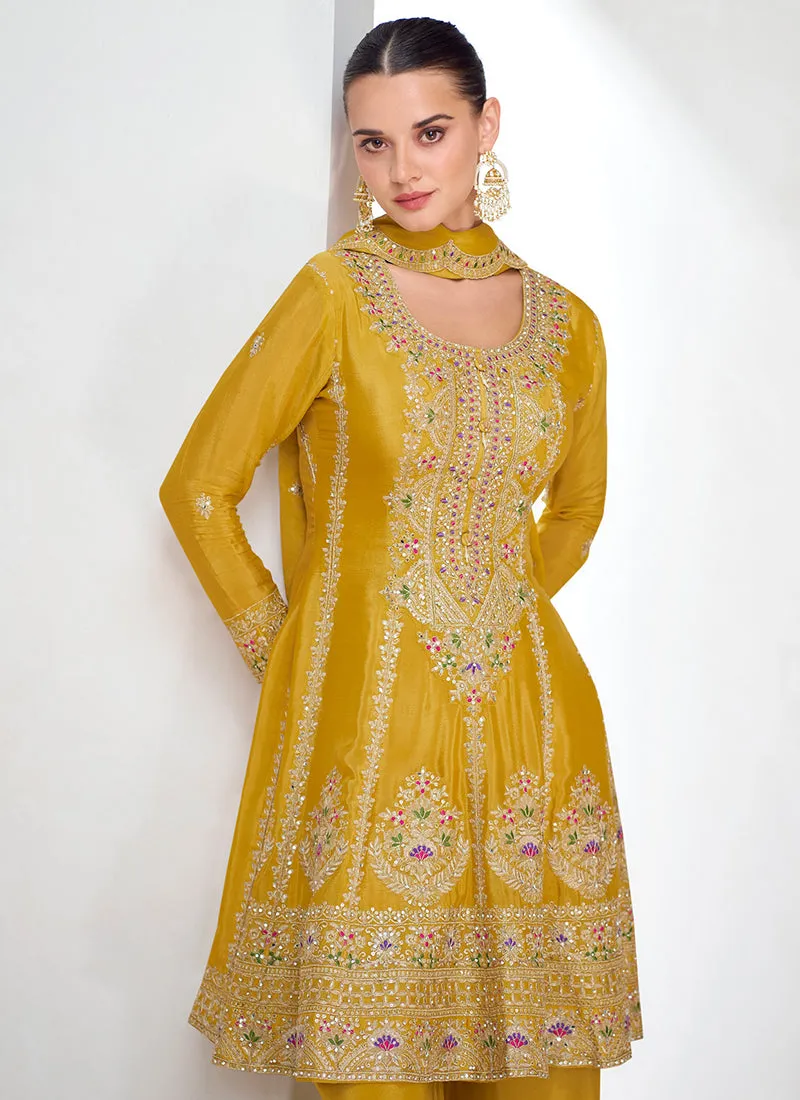 Yellow Multi Embroidery Palazzo Style Suit