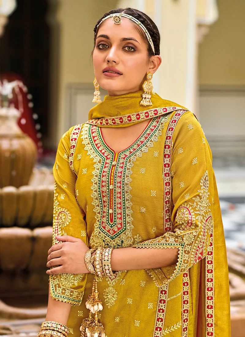 Yellow Multi Embroidery Traditional Pant Style Suit