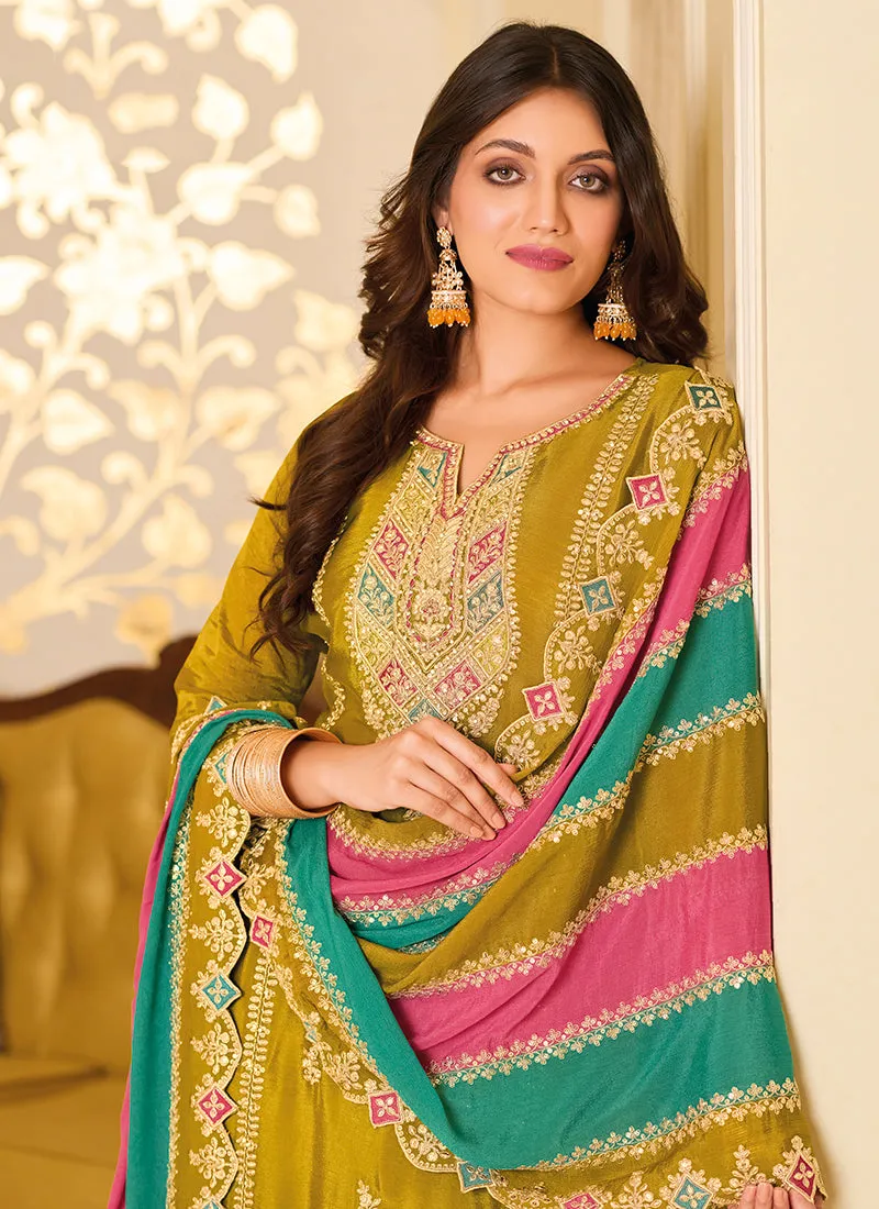 Yellow Multi Embroidery Traditional Pant Style Suit