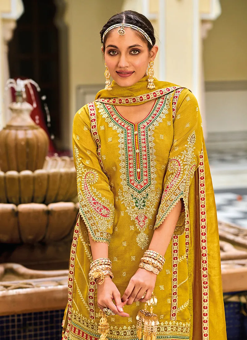 Yellow Multi Embroidery Traditional Pant Style Suit
